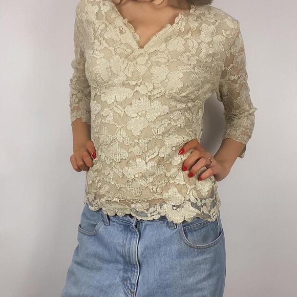 Vintage 90s Gold Floral Lace Lined 3/4 Sleeve Top - Picture 1 of 5